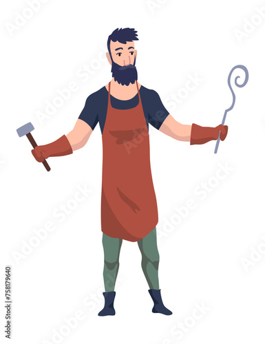 Blacksmith worker. Craftsmanship making steel tools. Character with hammer making goods in foundry workshop. Worker making some items. Vector cartoon person