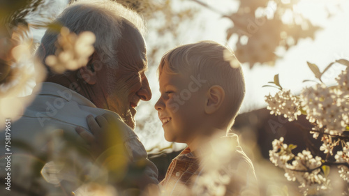 A heartfelt moment between grandfather and grandson, basked in the soft glow of spring sunshine.