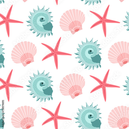 Seamless pattern with pink starfish, pink and blue seashells isolated on white background. 