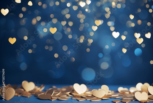 A blue background with gold hearts and bokeh lights