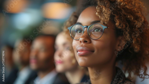 A pensive young woman with glasses looks ahead, lost in thought amongst a crowd.