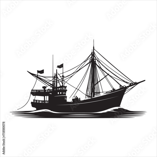 Fishing boat silhouette. Flat vector isolated fishing boat ship transport icon collection. 