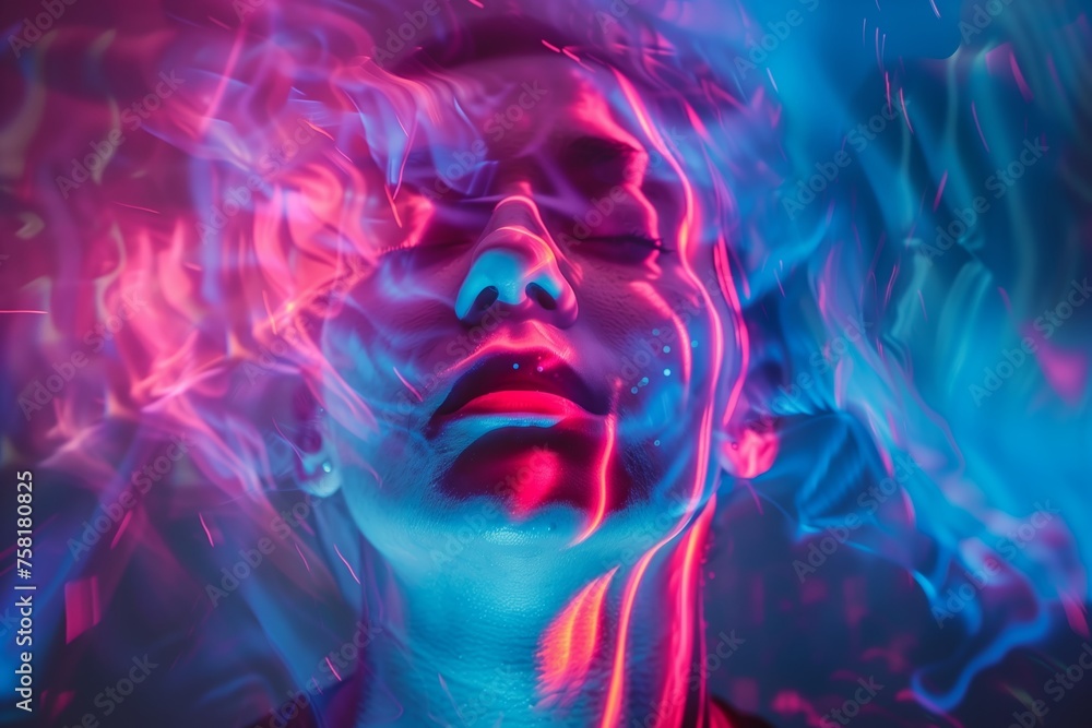abstract colorful light on a woman's face, representing drug use and hallucinations abstract colorful light on a woman's face, representing drug use and hallucinations