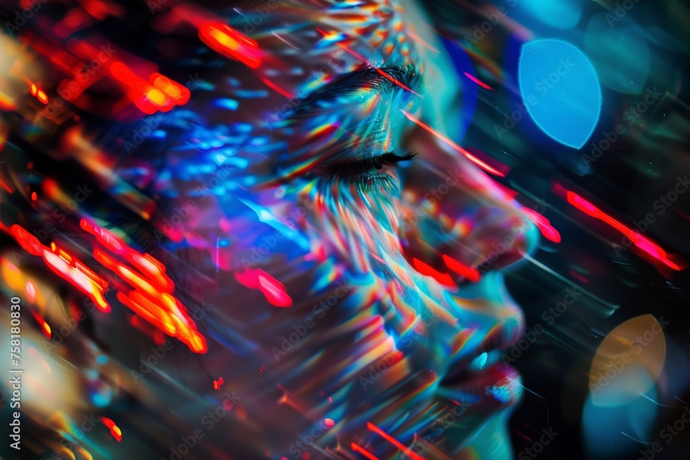 abstract colorful light on a woman's face, representing drug use and hallucinations