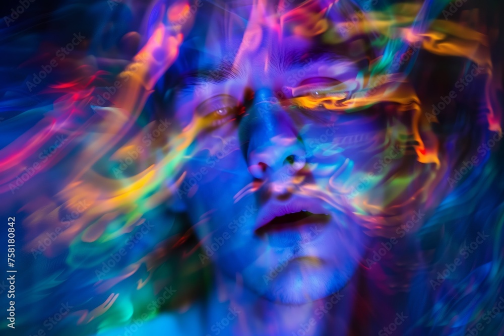 abstract colorful distortions around a person's head, representing a bad trip