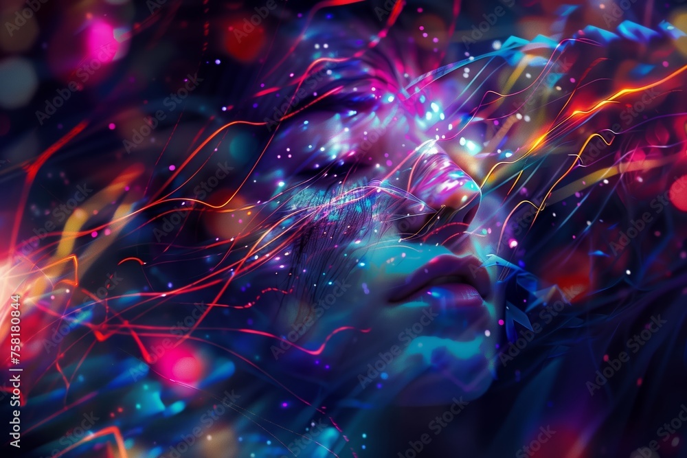 abstract colorful light on a woman's face, representing drug use and hallucinations - obrazy, fototapety, plakaty 
