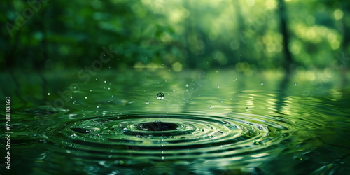 Water drop falling in green water with ripples and a blurred background. Water droplets in nature's fresh concept of an eco friendly environment or ecology concept. banner