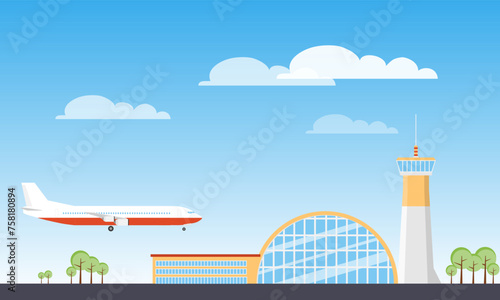 Airport building. Airport, runway, plane landing. Vector, design illustration. Vector.