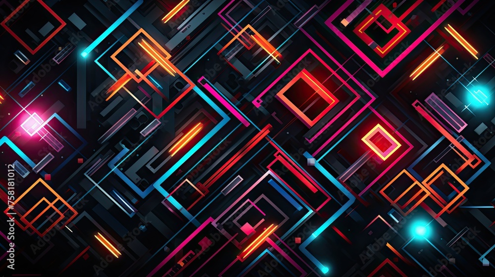 Geometric shapes with neon intersecting lines and swirls Geometric shapes with neon intersecting lines and swirls