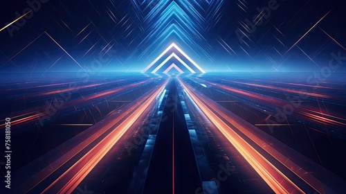 Geometric shapes with neon perspectives and waves of light