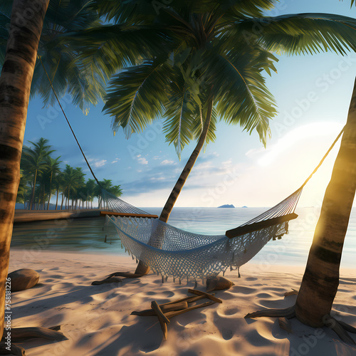 A serene beach with a hammock between palm trees.  © Cao
