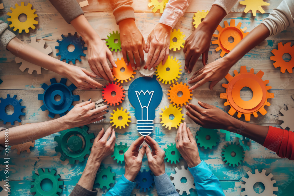Collaborative Things Collaborative team engaging in a brainstorming session with colorful ...