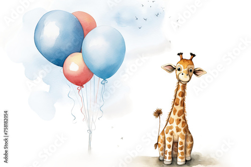 watercolor baby giraffe balloon holding balls illustration playing