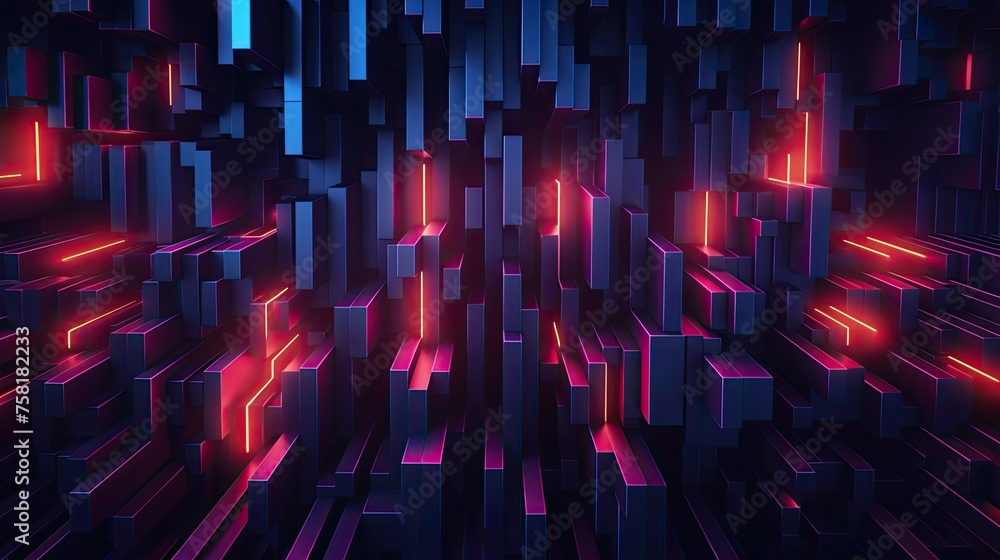Geometric background with neon cascades and abstract fractals - obrazy, fototapety, plakaty 