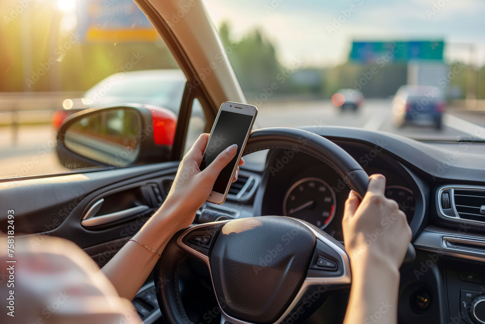 A woman's hands holding a smartphone and a steering wheel, driving a car on a highway with sunlight streaming in