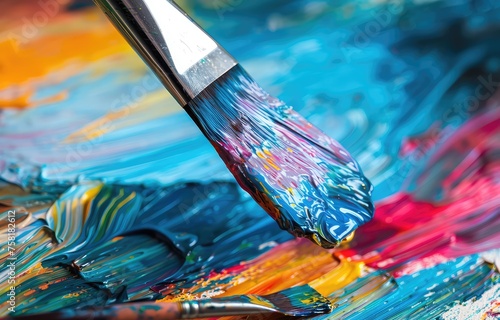 The artist paints a picture with oil paints on canvas. The artist\'s brush is dirty with paint. Close-up.