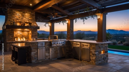 Outdoor kitchen at dusk