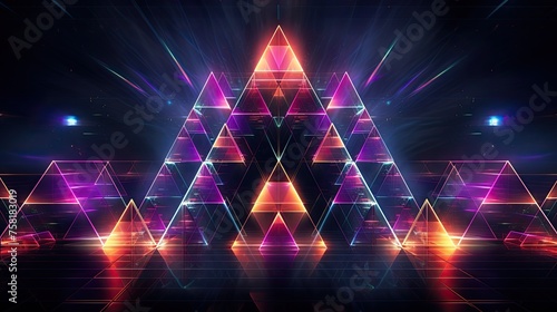 Geometric shapes with neon pyramids and vibration contours photo