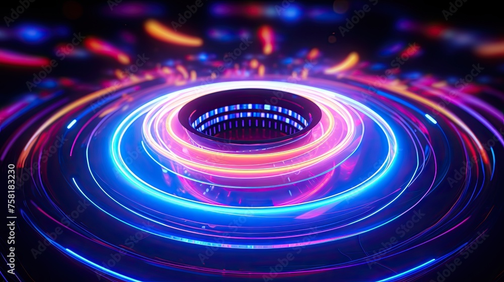 Fototapeta premium Neon lines and circles forming a glowing whirlpool effect