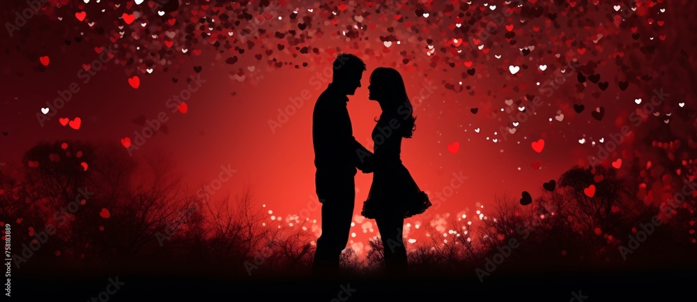 a silhouette of the couple against a red background