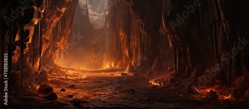 A natural landscape of a dark cave filled with fiery trees, emitting heat and gas flames, creating a mysterious and magical forestlike environment