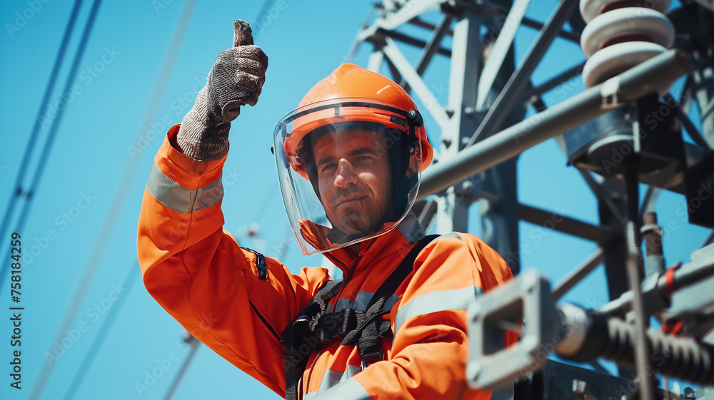 A power plant worker works on a power pole he climbed. A power plant worker works on a power pole he climbed.
