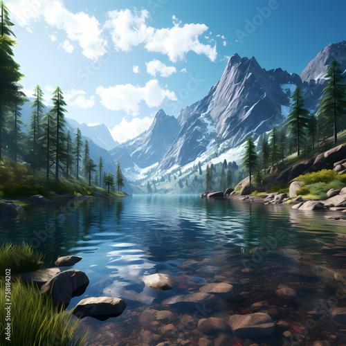 A serene mountain lake surrounded by trees.