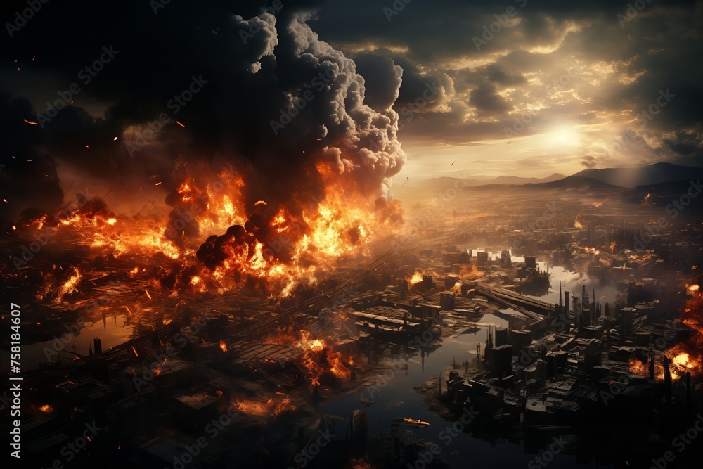 Apocalyptic city engulfed in flames and smoke
