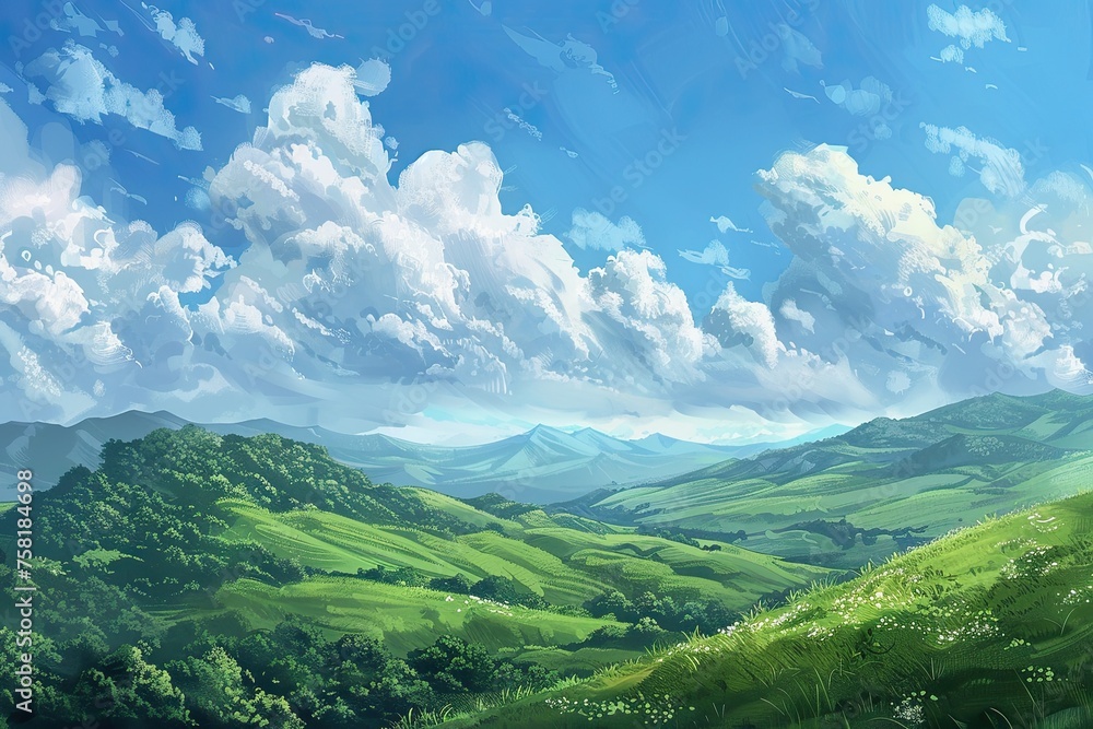 Fototapeta premium Landscape of green grass on slope with blue sky.