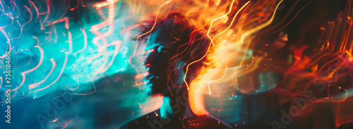 abstract colorful distortions around a person's head, representing sensory overload, with copy space