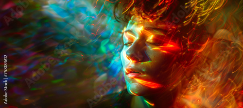abstract colorful light on a woman's face, representing drug use and hallucinations, with copy space