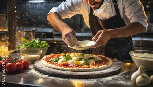 artisan pizza chef creates rustic pizza toppings in a dark kitchen, artistic, 