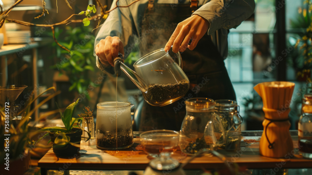 In a lush, plant-filled cafe, a barista pours hot water into a glass teapot for steeping loose-leaf tea, an artisanal tea-making process In a lush, plant-filled cafe, a barista pours hot water into a glass teapot for steeping loose-leaf tea, an artisanal tea-making process