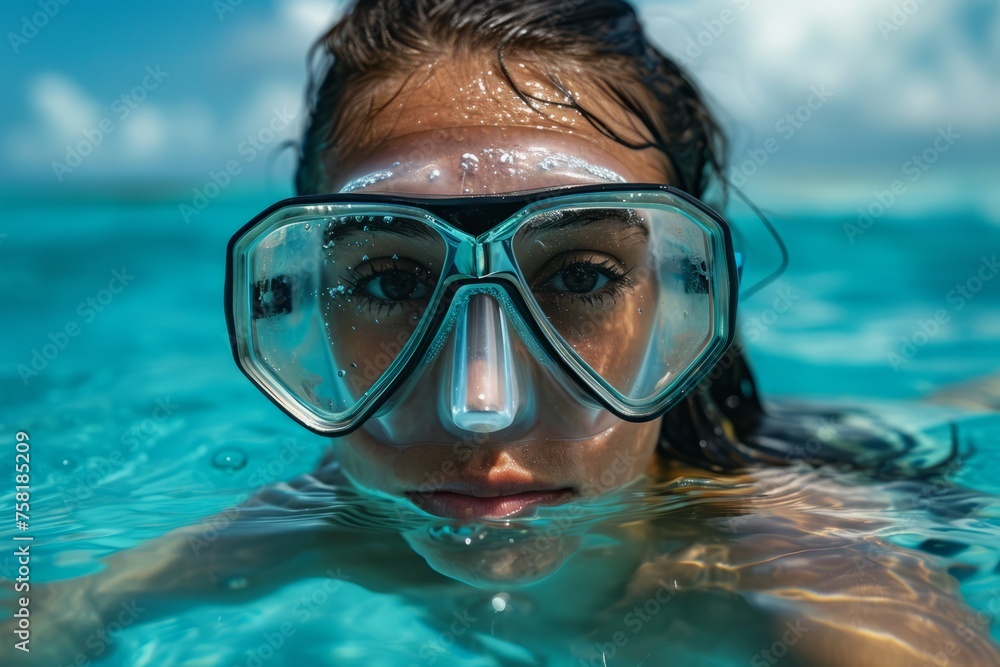 Close-up of a woman in crystal clear blue water wearing snorkeling goggles
