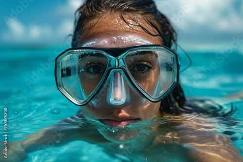 Close-up of a woman in crystal clear blue water wearing snorkeling goggles