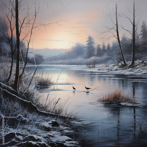 A serene winter landscape with a frozen lake. 