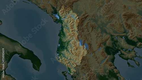 Albania highlighted. Physical elevation map