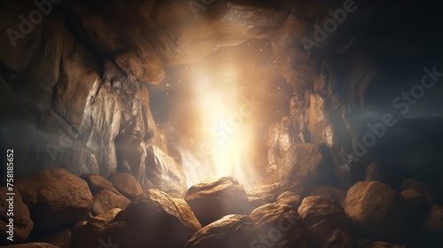 Empty Tomb with Stone Rocky Cave and Light Ray

