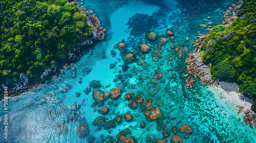 A photo of the Similan Islands, with crystal clear water and vibrant coral reefs as the background, during a sunny day