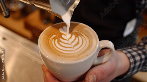Close-up shot of a barista's hands pouring steamed milk into a white ceramic cup, creating a precise latte art pattern