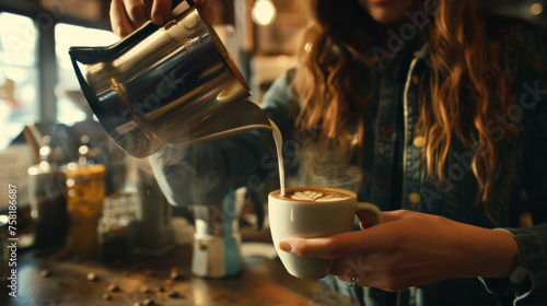 Focused barista with long hair pouring steamed milk into a coffee to craft an elegant latte art design in a warm café environment