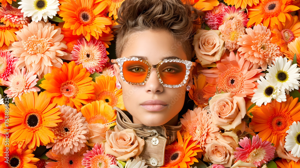 A stylish lgbt woman with chic sunglasses surrounded by a colorful array of fresh spring flowers.
