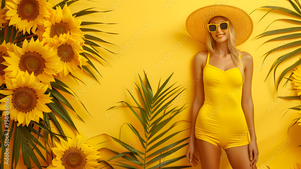 A smiling woman in summer attire poses confidently with a backdrop of sunflowers and tropical leaves.
