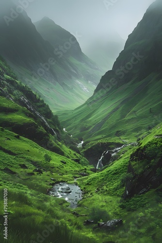 Misty Highland Majesty  Lush Green Mountains with Cascading Waterfalls and Streams under a Foggy Rain-Swept Sky