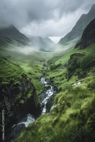 Misty Glen Vista: Rain-Soaked Grass, Cascading Waterfalls, and Brooding Skies in Scotland's Rugged Terrain.