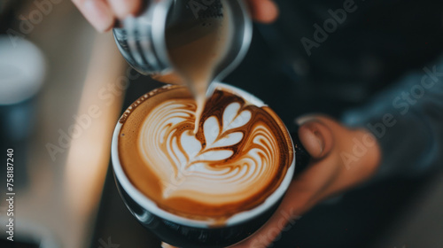 A barista skillfully pours steamed milk into a coffee cup, forming an intricate heart-shaped latte art photo