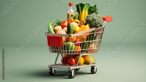 Supermarket shopping cart filled with groceries. Shopping cart full of food. Grocery and food store concept