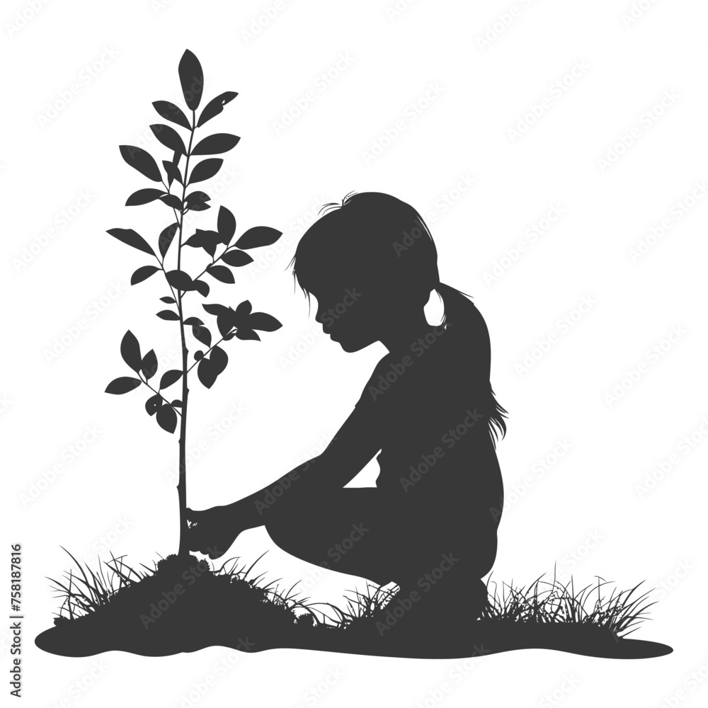Silhouette little girl planting tree in the ground black color only Silhouette little girl planting tree in the ground black color only
