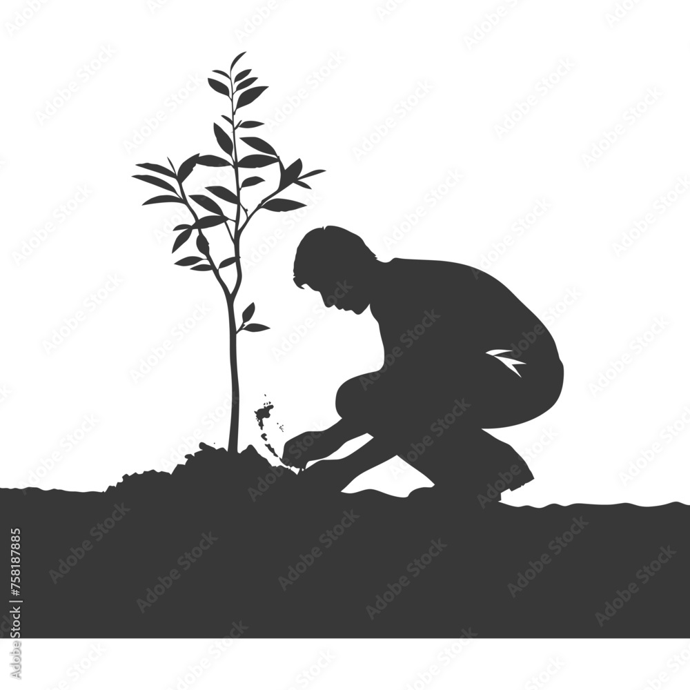 Silhouette man planting tree in the ground black color only Silhouette man planting tree in the ground black color only