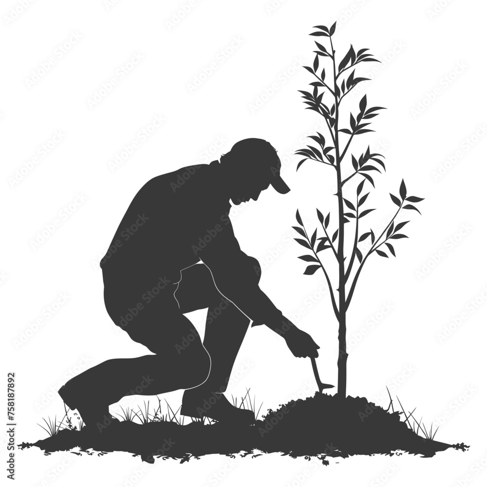 Fototapeta premium Silhouette man planting tree in the ground black color only